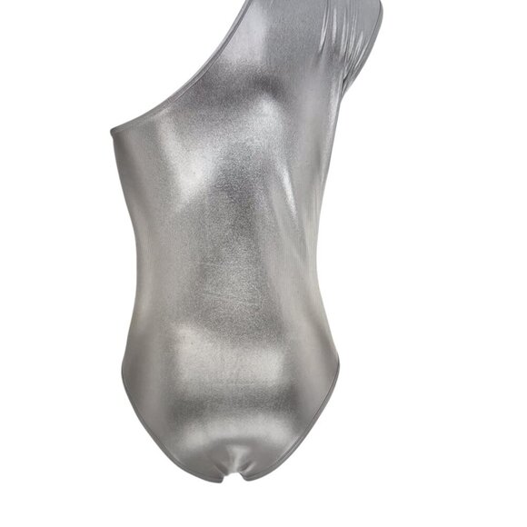 Women's Silver Metallic One Shoulder One Piece Bodysuit Size: Small - Picture 2 of 7
